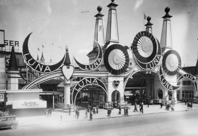 A picture of the front gate structure at Luna Park in Coney Island.