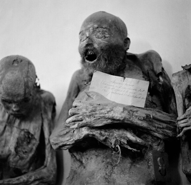 Mummified body clutching a piece of paper with his mouth open.
