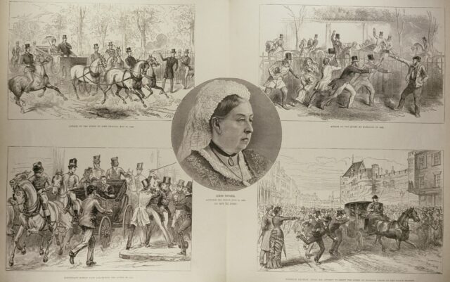 Around a central image of Queen Victoria is the depiction of four attempts against her life. 