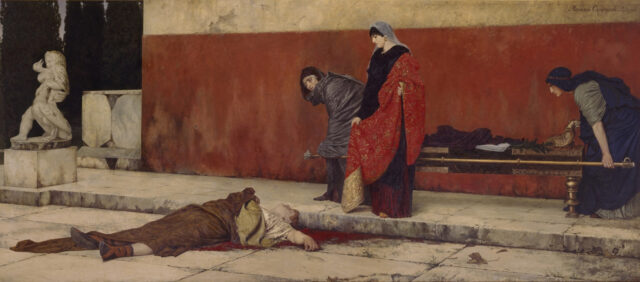 A painting of the death of Emperor Nero. People clean up while he lies dead on the ground.