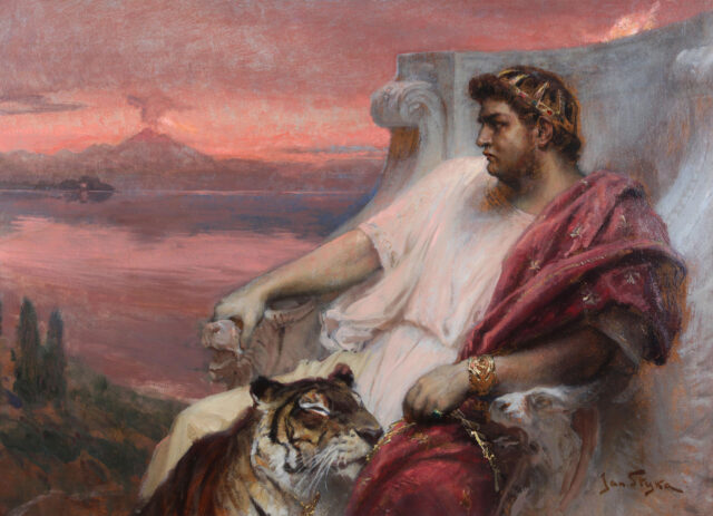 A painting of Emperor Nero sitting with a tiger.