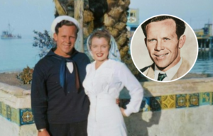 A photo of James Dougherty and Norma Jeane Mortenson with a portrait of James Dougherty on top.