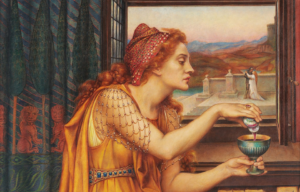 An illustration of a woman seated by a window, making a potion.