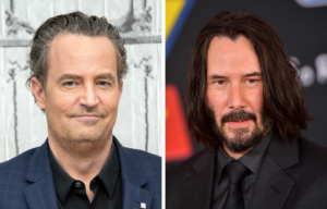 Headshots of Matthew Perry and Keanu Reeves beside each other.