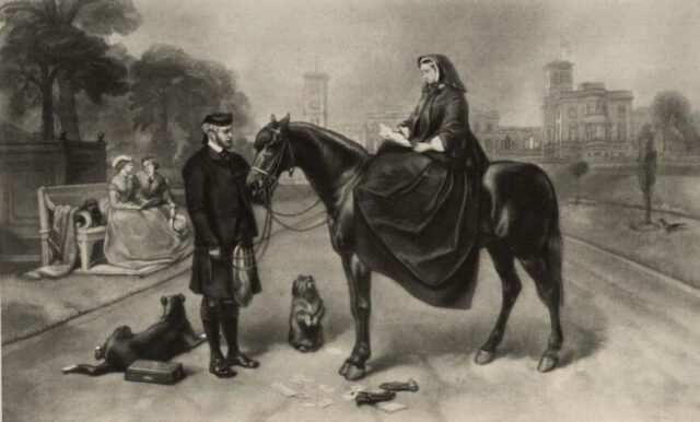 Queen Victoria sits on a horse reading while John Brown stands holding the horse's reigns. Osborne House can be seen in the background.