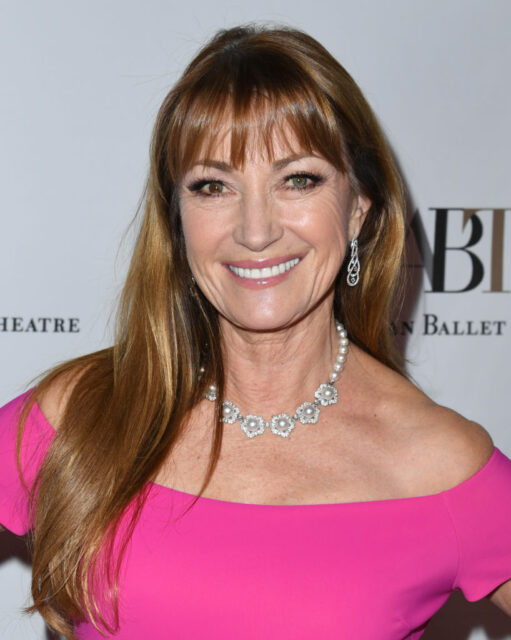 Jane Seymour poses in a pink dress and diamond necklace