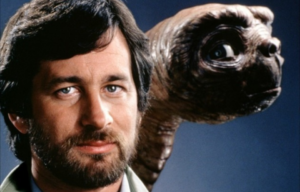 Steven Spielberg poses with E.T. in 1982