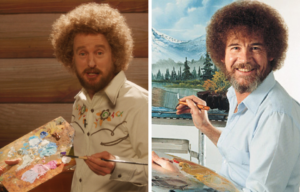 Owen Wilson with a perm, holding a palette and paint brush beside a photo of Bob Ross, with a perm, holding a palette and paint brush.