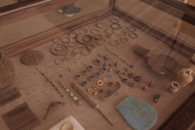 Ancient Egyptian tools and jewellery on display