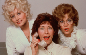Dolly Parton, Jane Fonda, and Lily Tomlin holding a phone to her ear, and Jane Fonda posing for a photo for "9 to 5"