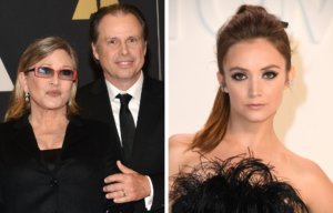 Carrie Fisher with her brother, Todd, on a red carpet + Billie Lourd posing on a red carpet