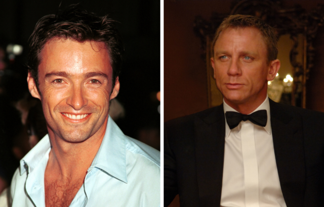 Hugh Jackman standing on a red carpet + Daniel Craig as James Bond in 'Casino Royale'