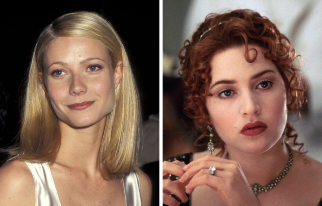 Gwyneth Paltrow standing on a red carpet + Kate Winslet as Rose DeWitt Bukater in 'Titanic'