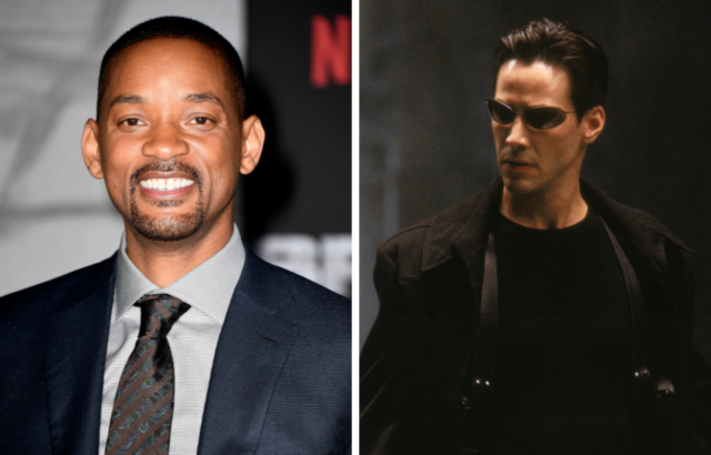 Will Smith standing on a red carpet + Keanu Reeves as Neo in 'The Matrix'
