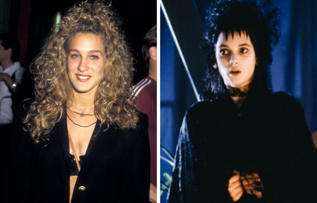 Sarah Jessica Parker standing on a red carpet + Winona Ryder as Lydia Deetz in 'Beetlejuice'