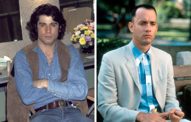 John Travolta sitting in a chair + Tom Hanks as Forrest Gump in 'Forrest Gump'