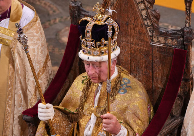 KIng Charles is crowned while sitting in the Coronation Chair