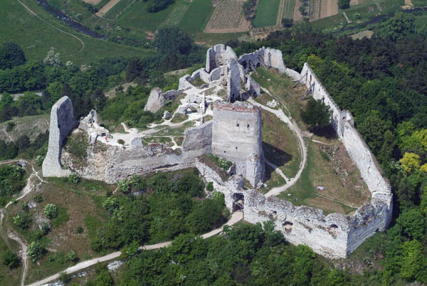 An aerial view of a stone castle. 