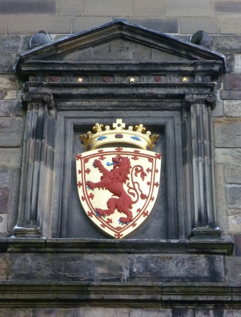 A Red Rampant Lion upon a shield, with a crown above, upon a wall at Edinburgh Castle, Edinburgh, Scotland.