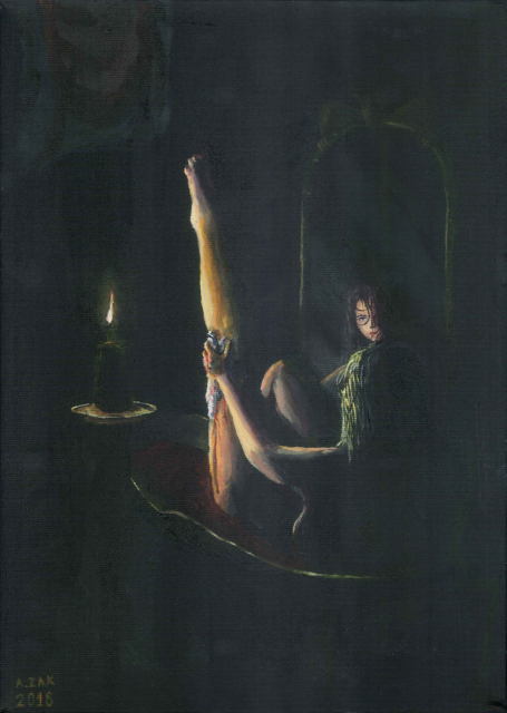 A painting of a woman bathing in the dark. 