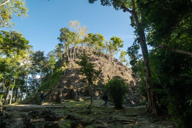 A Mayan stone structure in the jungle.