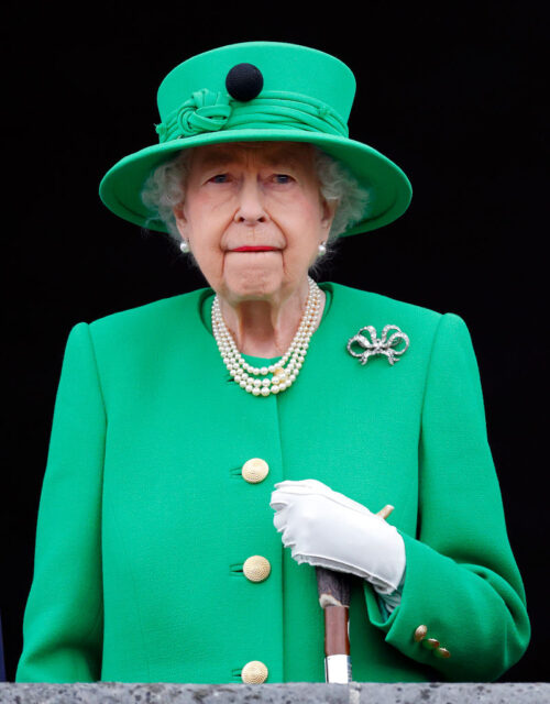 Queen Elizabeth in a green suit following the Platinum Pageant on June 5, 2022 