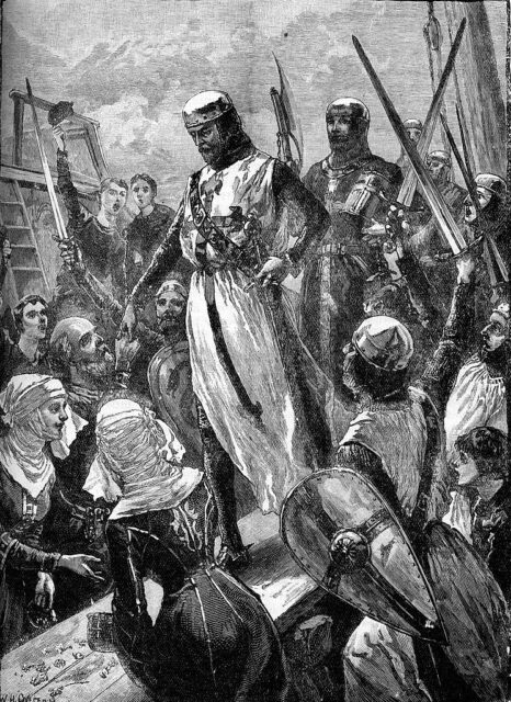 Drawing of King Richard in a crown and battle garment surrounded by armed guards holding his hand out to his people.