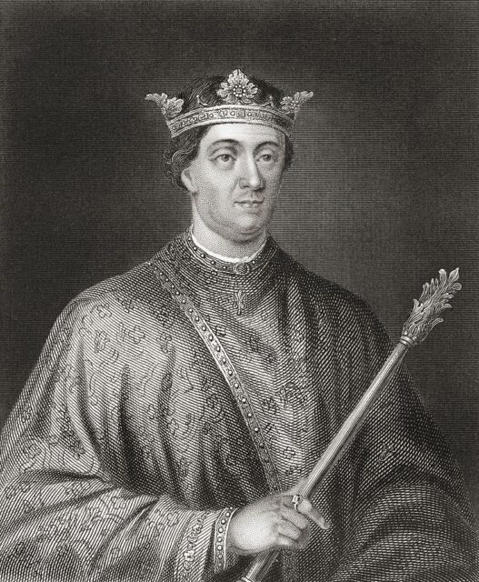 Drawing of English King Henry II wearing a robe, crown, and carrying a scepter. 