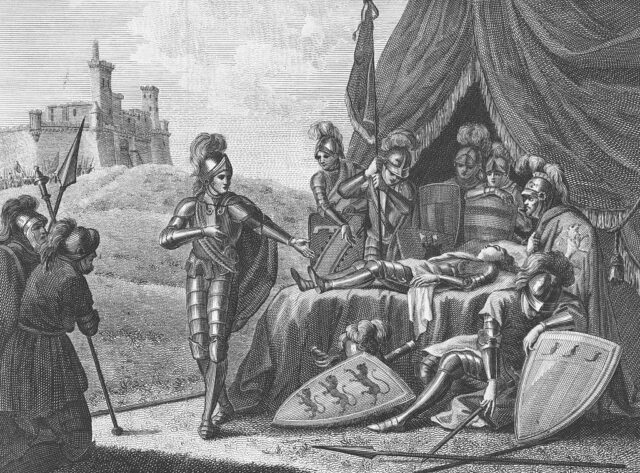 Drawing of Richard the Lionheart on his death bed, surrounded by knights in armor.