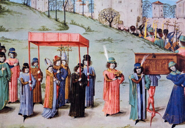 Drawing of a procession of people in colorful robes carrying items for the coronation of King Richard I.