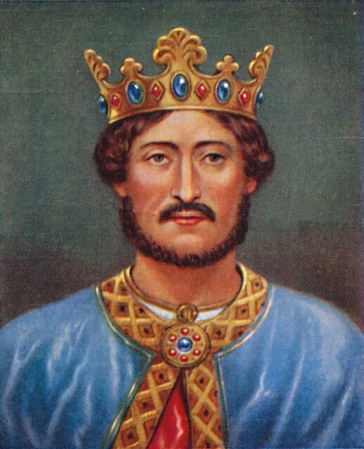 Colored drawing of King Richard I wearing a blue top with gold detail, and a gem inlaid gold crown. 