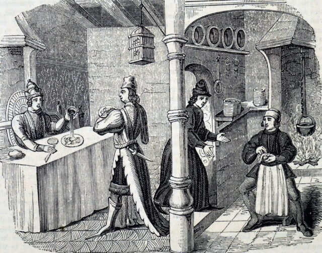 Line drawing of four medieval cooks standing in a kitchen carrying various items.