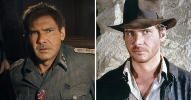 Left: headshot of Harrison Ford as Indiana Jones, with VFX used to make him look younger. Right: a photo from the first movie