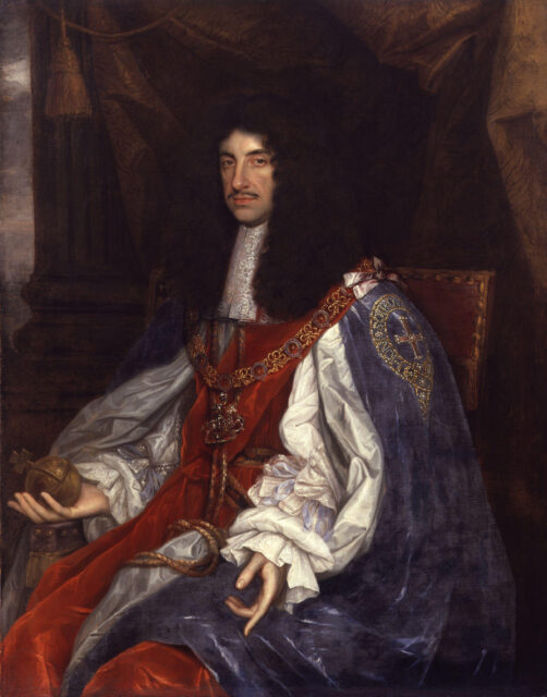 Portrait of King Charles II in the Robes of the Garter by John Michael Wright between 1660 and 1665. From the National Portrait Gallery (NPG 531).