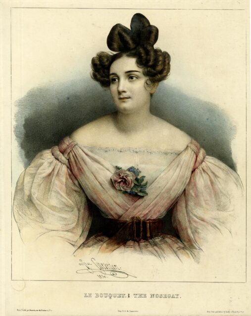 An illustration of a woman wearing a dress with a nosegay.