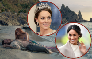 Background: Still from the 2023 film, The Little Mermaid. Insets: Catherine, Princess of Wales, at a state banquet at Buckingham Palace, Meghan Markle on a 2018 visit to Northern Ireland