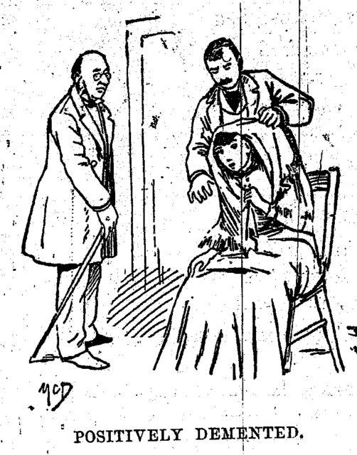 Illustration from Nellie Bly's book show two doctors examining her and concluding that she is "positively demented."