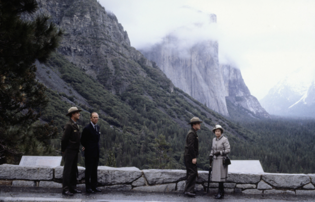 The Queen and Prince Philip visiting Yosemite National Park with two Park Rangers. 