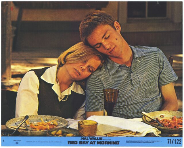 Catherine Burns resting her head on the shoulder of co-star Richard Thomas in "Red Sky at Morning"