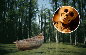 A swamp with a boat and a photo of a skeleton on top.