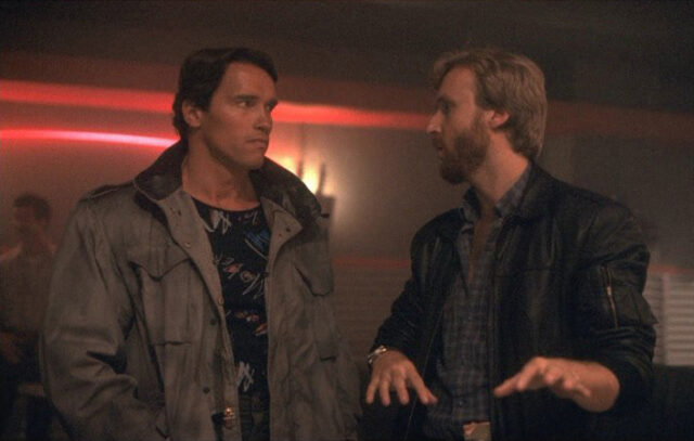 Arnold Schwarzenegger speaking with James Cameron