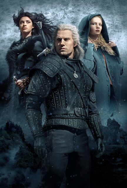 Promotional image for the series The Witcher with Henry Cavill, Anya Chalotra, and Freya Allan