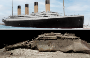 Top: Titanic departs Southampton, bottom: 3D image of Titanic's wreck