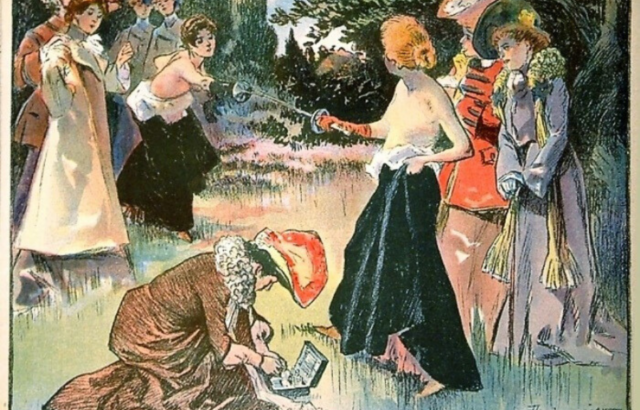 An illustration of two topless Victorian women fighting with swords while their seconds watch and the medic bends down.