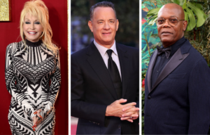 Dolly Parton standing on a red carpet + Tom Hanks standing on a red carpet + Samuel L. Jackson standing on a red carpet
