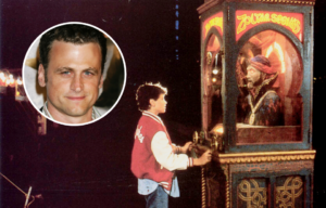 Headshot of David Moscow and scene of young David Moscow at a Zoltar machine.
