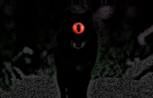 The silhouette of a dog with one massive red eye