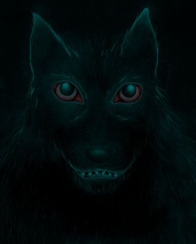 A dark illustration of a dog's face with sharp teeth exposed