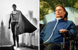 Side by side images of Christopher Reeve standing on a building ledge dressed as superman, and Christopher Reeve sitting in a wheelchair.
