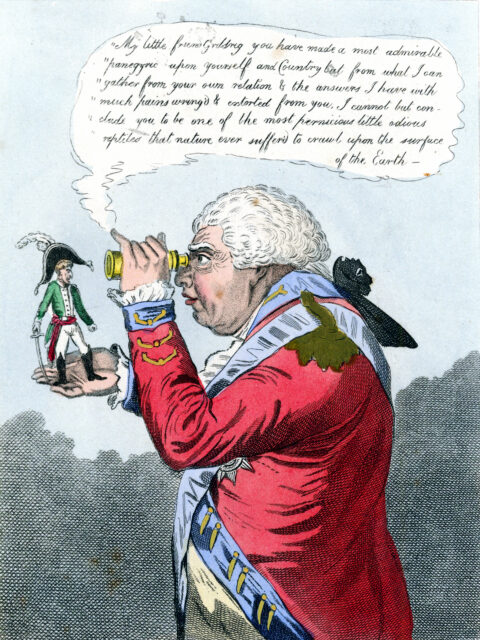 Illustration of King George III looking through a telescope to try and see the tiny Napoleon in his hand.
